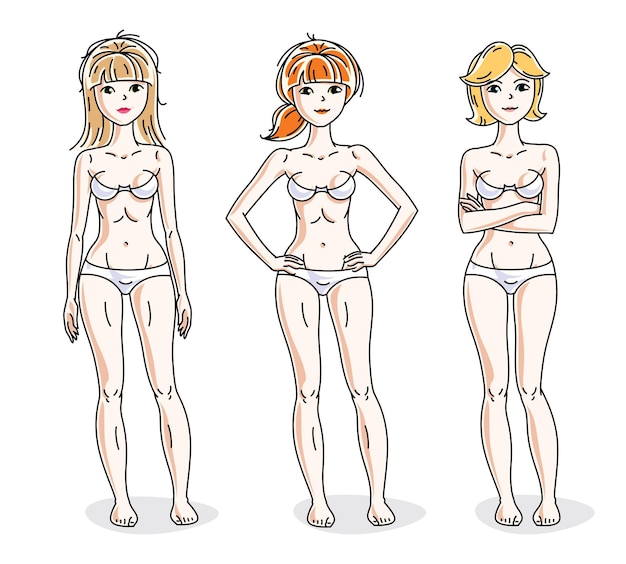 Vector attractive young women group standing in white underwear. vector people illustrations set.