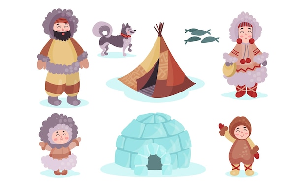 Vector attributes of the eskimos culture routine and nature family in traditional eskimos costume near wigwam and igloo with a north dog and fish