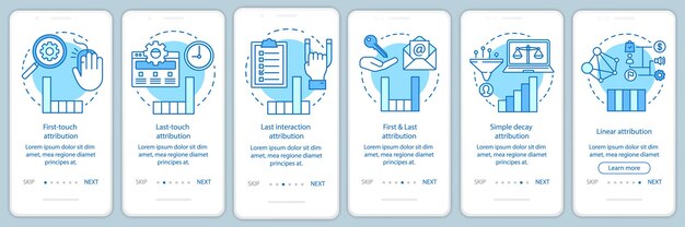attribution modeling types blue onboarding mobile app page screen vector template. diagrams, charts walkthrough website steps with linear illustrations. ux, ui, gui smartphone interface concept