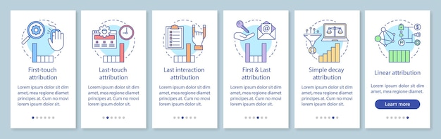 Vector attribution modeling types onboarding mobile app page screen with linear concepts. diagrams, charts walkthrough steps graphic instructions. ux, ui, gui vector template with illustrations