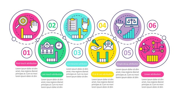 Attribution modeling types vector infographic template. Business presentation design elements. Data visualization with six steps and options. Process timeline chart. Workflow layout with linear icons