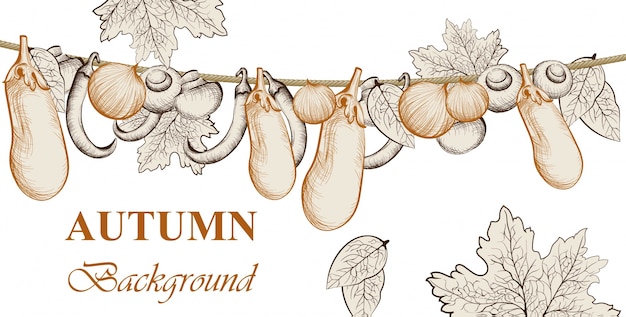 アトム収穫。ナス、トマト、タマネギの野菜ベクトルの背景。ラインアートの手描きのグラフィックスタイルのイラスト
