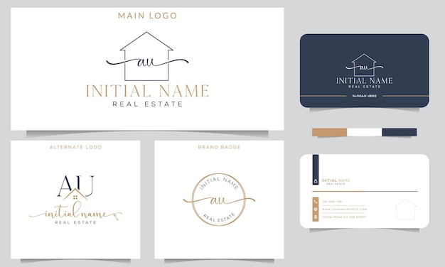 Au initial handwriting real estate signature logo with business card design vector template