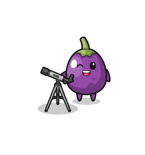 Aubergine-astronoommascotte met een modern schattig telescoopontwerp