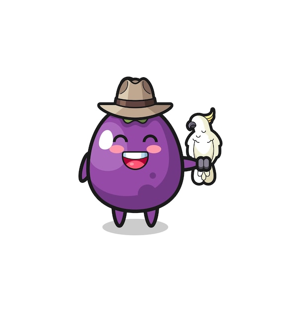 Aubergine dierenverzorger mascotte met een schattig papegaai ontwerp