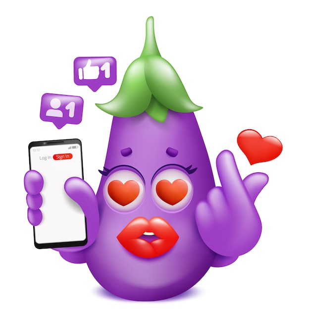 Aubergine emoji stripfiguur met telefoon k-pop teken maken.