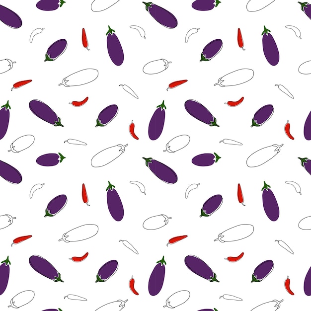 Aubergine en chilipeper naadloos patroon Krabbelstijlpatroon met contour- en kleurelementen