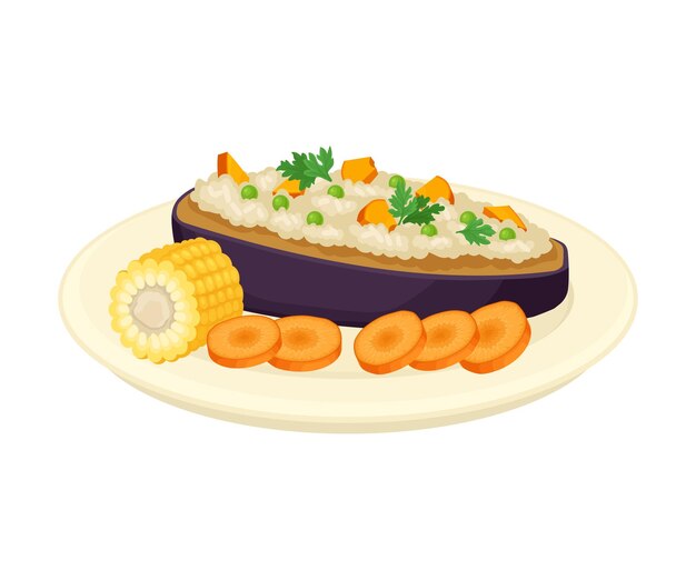 Vector aubergine gevuld met rijst en groenten geserveerd op een bord vector illustratie