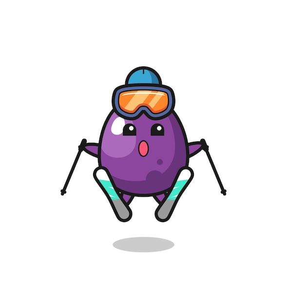 Aubergine-mascotte-personage als een ski-speler, schattig aubergine-personage houdt een oude telescoop vast