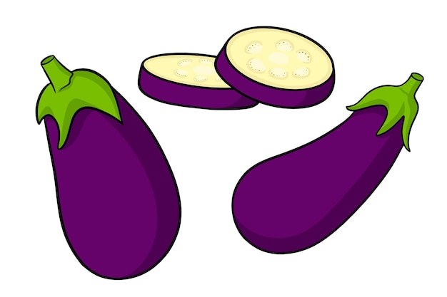 Aubergine set hele aubergine en gesneden partjes in een cartoon-stijl vectorillustratie voor ontwerp en decoratie