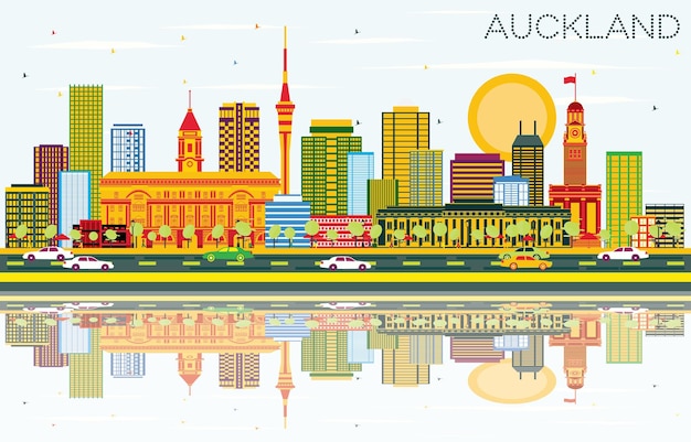 Auckland Skyline with Color Buildings, Blue Sky and Reflections. Vector Illustration. Business Travel and Tourism Concept with Modern Buildings. Image for Presentation Banner Placard and Web Site.