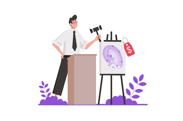 Auction business concept in flat design. Male seller with hammer puts up for sale lot with abstract modern painting for making bids. Vector illustration with isolated people scene for web banner