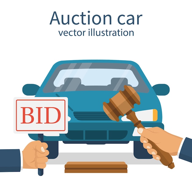 Auction car A man stands at the auction Auctioneer holding a gavel in his hand Offer to purchase Auto isolated on the background Vector illustration flat design Bidding concept Selling vehicle