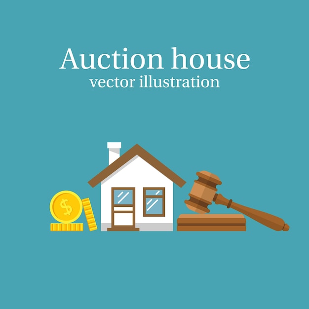 Vector auction house concept bidding on home gavel house cash coins isolated on background buying selling or foreclosure vector illustration flat design the trial of the property