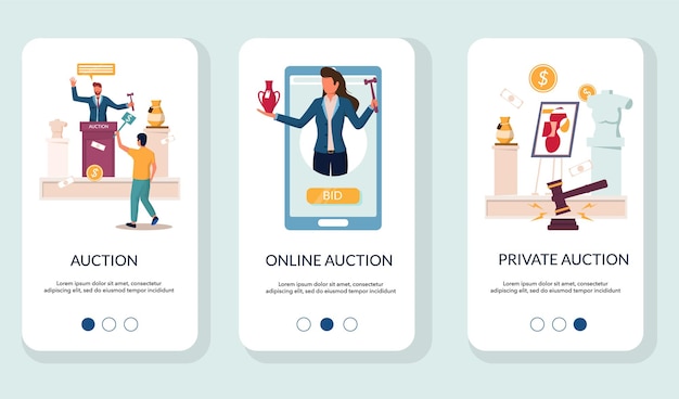 Auction mobile app onboarding screens vector template