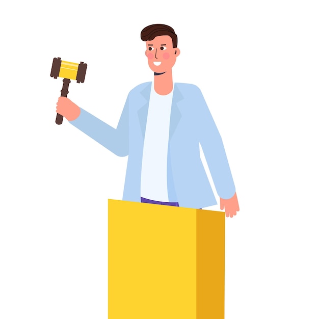 Auction with man holding gavel. vector illustration.