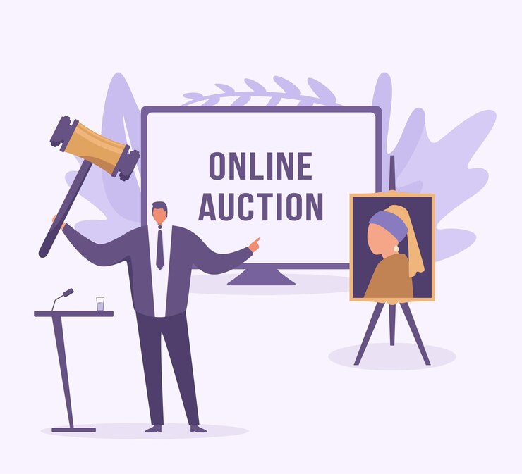 Vector auctioneer raising his gavel to knock down sell picture at auction