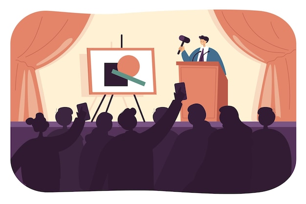 Vector auctioneer selling painting flat vector illustration. man standing on stage in front of crowd of buyers, selling valuable items, using hummer. art bidding, sale concept