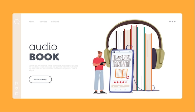 Vector audio book landing page template electronic library self development reading ebook education vector illustration