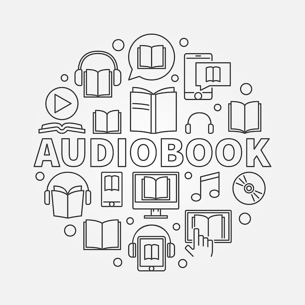 Vector audio book vector round concept illustration or banner in thin line style