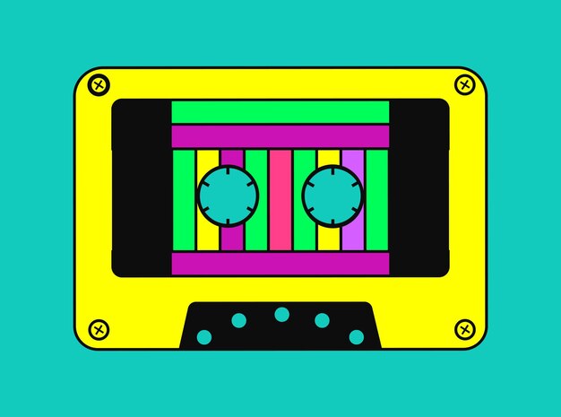 90년대 스타일의 오디오 카세트 다채로운 스티커 또는 아이콘 평평한  ⁇ 터 일러스트레이션
