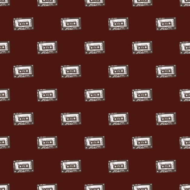 Audio cassette tape engraved seamless pattern Vintage music cassette tape in hand drawn style