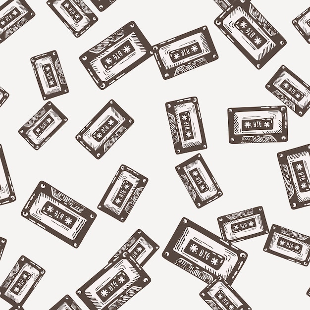 Audio cassette tape engraved seamless pattern vintage music cassette tape in hand drawn style