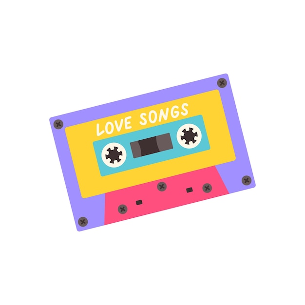 Audio cassette tape love songs isolated on a white background. Trendy 80s 90s vector illustration.