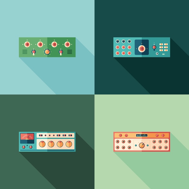 Audio compressors flat square icons. Set 1