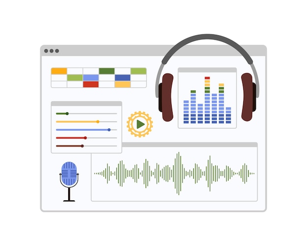 Vettore interfaccia di finestra del software di montaggio e mixaggio audio con cuffie e microfono