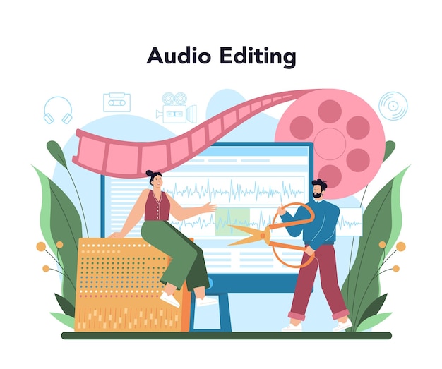 Audio engineer concept music production industry sound recording with a studio equipment soundtrack or audio media creator vector flat illustration