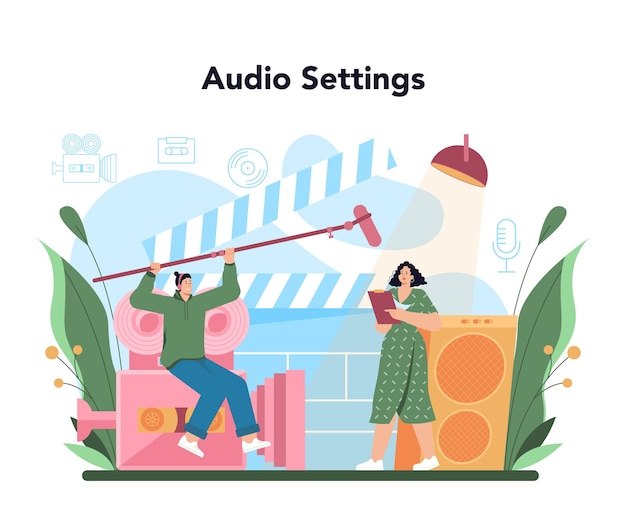 Audio engineer concept Music production industry sound recording with a studio equipment Soundtrack or audio media creator Vector flat illustration