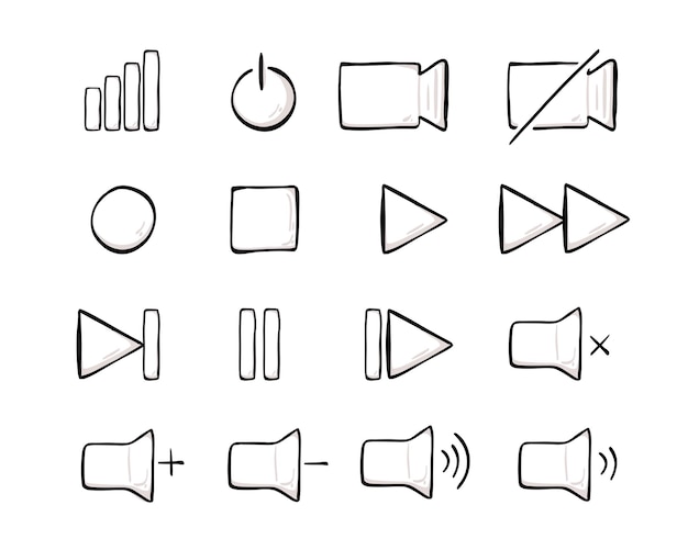 Audio icons Hand drawn line isolated elements outline style for video conference webinar and video chat Sound and mute signal levels Turn on and off vector set