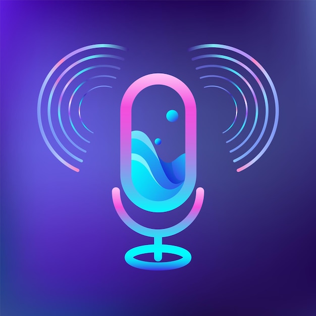 Audio microphone for voice record sound waves around icon radio colorful symbol for vocal or music