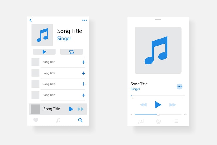 Vector audio player interface music player app interface social media screen template mobile audio player ui interface profile album song playlist mockup app interface template play button eps 10