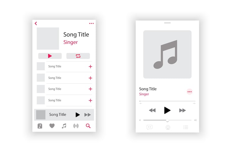 Vector audio player interface music player app interface social media screen template mobile audio player ui interface profile album song playlist mockup app interface template play button eps 10
