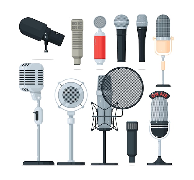 Audio and radio microphone, voice recorder equipment set. Modern or vintage professional sound studio equipment for communication, broadcast, interview or karaoke   