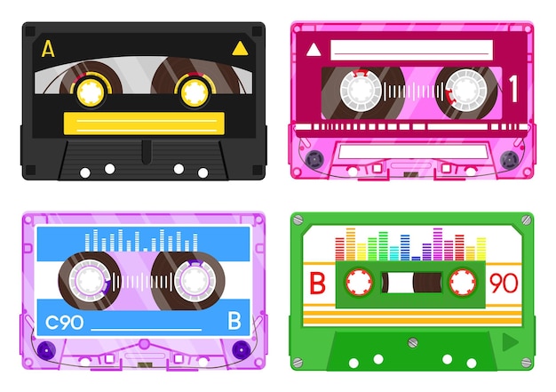 Vettore nastri audio musica retrò anni '90 cassetta colorata in plastica con mix musicale vecchia tecnologia di registrazione apparecchiature anni '80