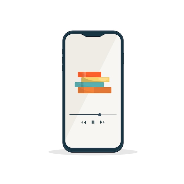 Vector audioboeken, online leren, boekenstapel op het scherm van de mobiele telefoon, online cursus, leerapp, afspeelknop.