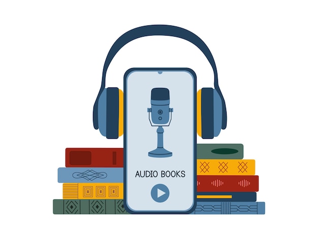 Vector audiobooks concept, headphones, pile of books, microphone on the smartphone screen