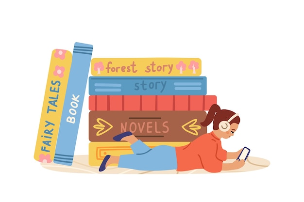 オーディオブックのコンセプト スマートフォンで小さな子供が本を聞く 文学ポッドキャストを聞いている女の子 オンライン図書館の子供と本のベクトルイラスト