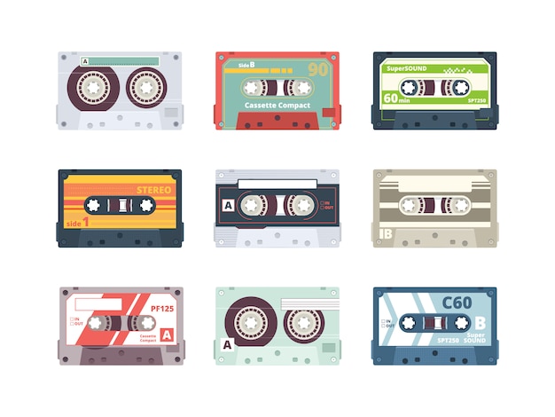 Audiocassettes. retro jaren 90 opnemen stereo tape plastic luistertoestellen hifi muziekcassettes gekleurde collectie