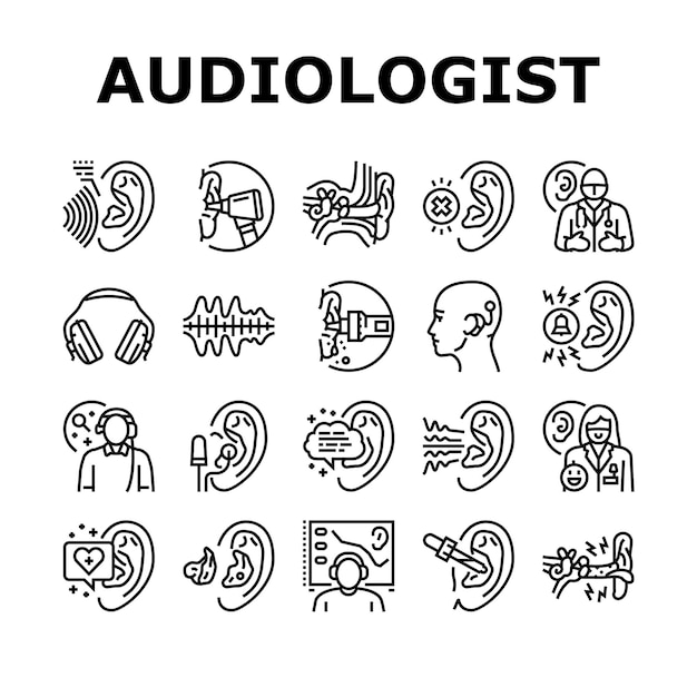 청력학자 의사 귀 청각 장애인 아이콘 세트 벡터 원조 건강 이비인후과 의사 테스트 성인 여자 환자 기술 듣다 청력학자 의사 귀 귀 먹음 검정 윤곽선 삽화