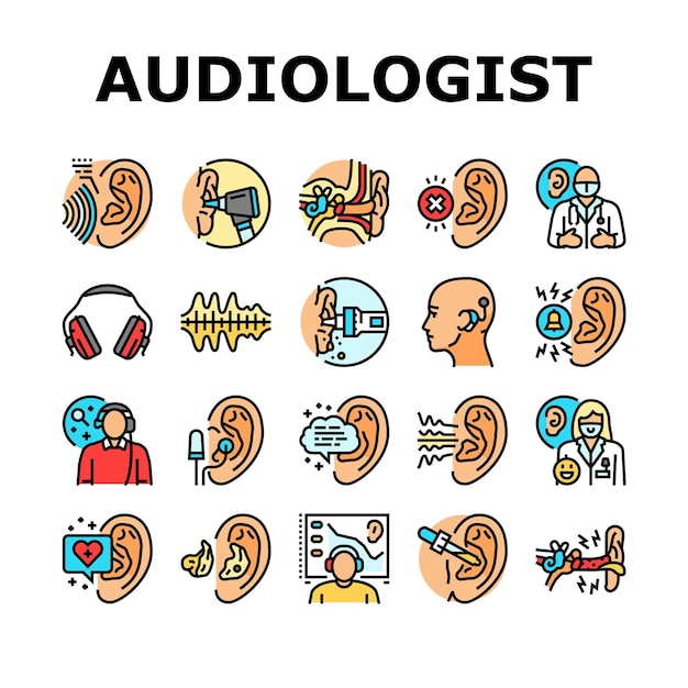 audioloog dokter oor doof iconen set vector hulp gezondheid otolaryngoloog test volwassen vrouw patiënt technologie horen audioloog dokter oor doof kleur lijn illustraties