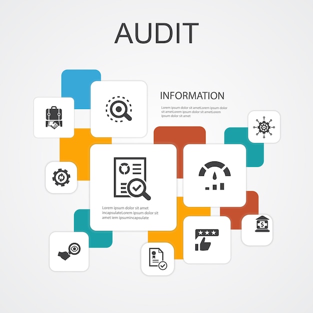 Audit infographic 10 lijn pictogrammen template.review, standaard, onderzoeken, verwerken van eenvoudige pictogrammen