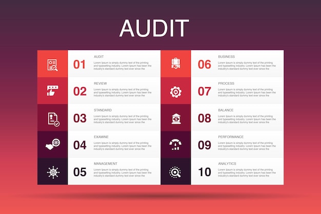 Audit infographic 10 option template. review, standard, examine, process simple icons