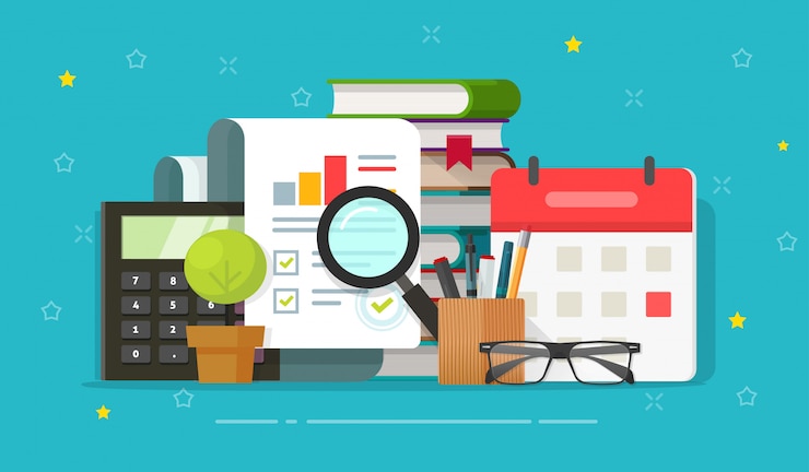 Vector audit research report evaluation analysing on desktop  illustration flat cartoon