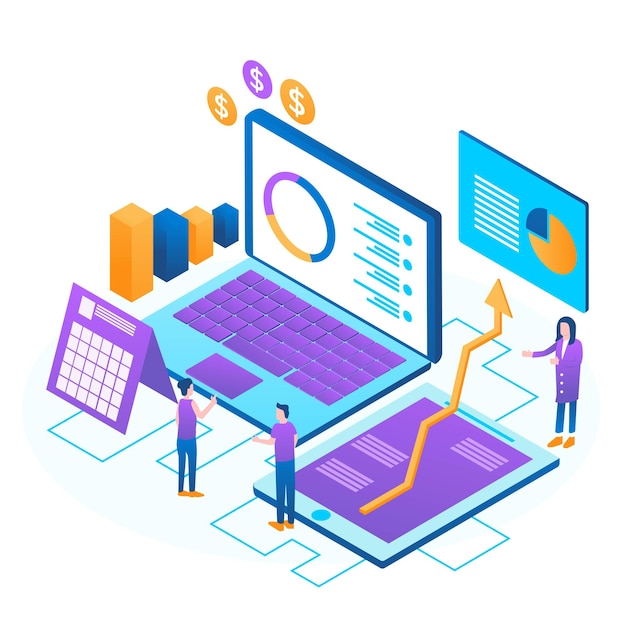 Vector auditing business analysis concept with characters flat isometric design