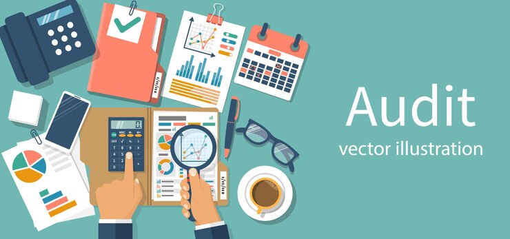 Vector auditing concepts auditor at table during examination of financial report tax process research project management planning accounting analysis data vector illustration flat design