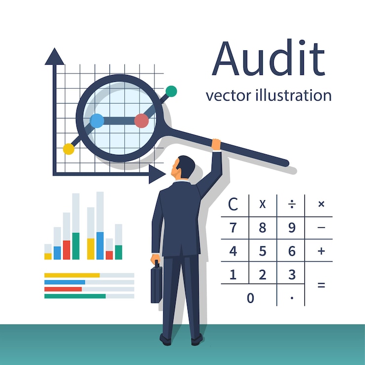 Vector auditing concepts auditor with magnifying glass in hand during examination of financial report tax process research project management planning accounting analysis data vector flat design